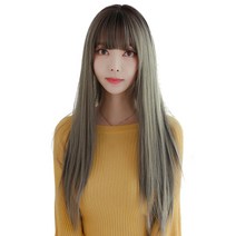 하이유니 풀 뱅 스트레이트 펌 롱 헤어 긴머리 통가발 가발 75cm + 가발망 + 거치대 세트, 애쉬브라운