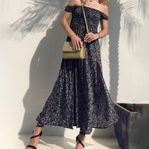 더시럽 스모킹플라워 오프숄더 트임 롱원피스