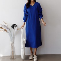 티탁 여성용 빅사이즈 데일리 루즈핏 브이넥 무지 짱짱 브이 기모 롱 원피스