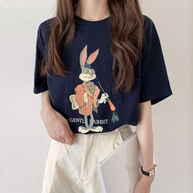 레몬소울 여성용 루루 래빗 프린팅 루즈 반팔티