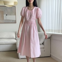 메리로지 라운드 반팔 퍼프 주름 원피스