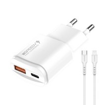 SPEEDY PD + QC 2포트 듀얼 멀티 아이폰 고속 충전기 20W + C to 8 20W 케이블 세트, 화이트, 1세트