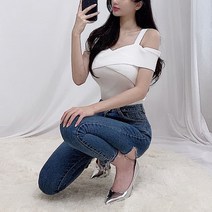 여성용 오프숄더 겸용 니트 꼬임 골지 반팔 티셔츠