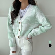 세컨그라운드 여성용 세미 크롭 체크 니트 가디건