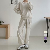 플랜데이 여성용 코디 루즈핏 맨투맨 + 투웨이 스트링 카고 팬츠 세트