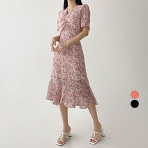 플랜데이 여성용 브이넥 셔링 플라워 쉬폰 롱 원피스