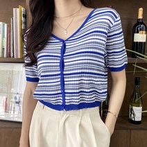 여성용 오벌슈 브이넥 배색 단가라 반팔 가디건 CD1947C24