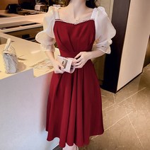 MA 스퀘어넥 진주 셔링 프릴 원피스
