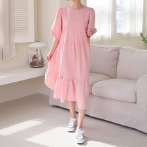 빼빼 여성용 라운드넥 반팔 티어드 코튼 롱원피스