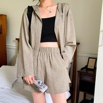시크블랙 쿠힌지 린넨 후드 로브 밴딩 숏팬츠 세트 SET2142K26