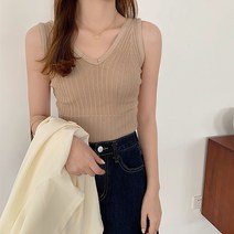레몬소울 여성용 러니 골지 브이넥 슬림 나시 티셔츠