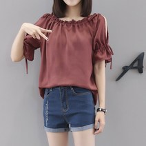 마더브띠 오프숄더 캐주얼 셔링 반팔 블라우스