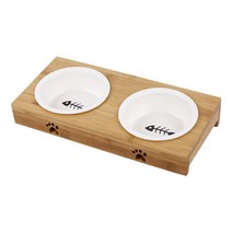 반려동물 원목 + 세라믹 식기 2구 세트 29.5 x 14.1 x 5.3 cm, 화이트, 1개