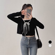 밀키버터 여성용 배색 나시 + 리본 가디건 세트