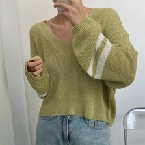 뜨개진 여성용 루즈핏 소매배색 크롭 텐티어 브이넥 니트