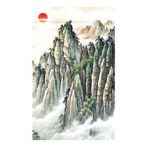 행운이 들어오는 절경 해 동양화, 그레이+ 브라운 + 레드 + 그린 + 블랙