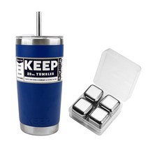 KEEP 대용량 스테인레스 보온보냉 빨대 텀블러 + 스테인리스 아이스 큐브 세트, 블루(텀블러), 600ml