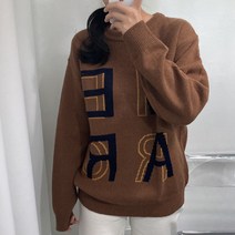 뜨개진 여성용 루즈핏 램스울 레터링 자카드 폰트 라운드 니트