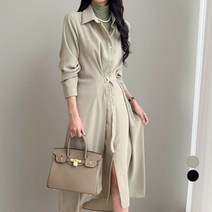 쿨쿠 여성용 벨트 셔츠 롱 원피스