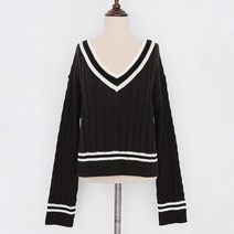 큐니걸스 여성용 더블배색 브이넥 꽈배기 니트