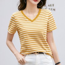 모네타 여성용 베이직 브이넥 스트라이프 반팔 상의