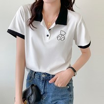레몬소울 여성용 리마 곰돌이 배색 카라 반팔티