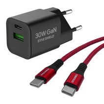 스타쉴드 30W GaN USB PD PPS 멀티 고속충전기 + 60W PD C to C 고속충전 케이블 1.2m 세트, 1세트, 블랙(충전기), 레드(케이블)