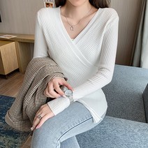 유니제이 여성용 린나이 골지 브이넥 랩 니트