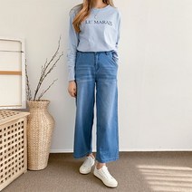 헤이진 여성용 뒷밴딩 와이드 데님팬츠