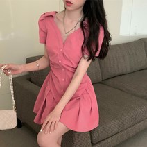 여성용 블랙 101 라트리아 반팔 브이넥 버튼 미니 원피스 CH-2320270