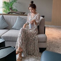 플라워 쉬폰 브이넥 롱원피스