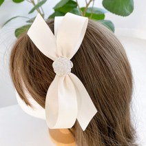 핸드메이드 크림 심플엔 팬텀로즈 사이드 리본 헤어밴드 머리띠 왕 포인트 장식 헤어 파티 리본 패션