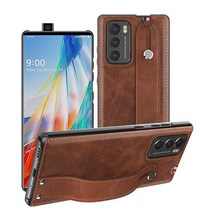 Fol uu LG 윙 5G 케이스 2020용 슬림하고 가벼움 PU 가죽 백 커버 지원 회전 모드 하드 PC 홀더 핸드 스트랩 보호 폰 6.8인치 블랙, Brown