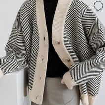 루나클로젯 단가라 배색 스트라이프 줄무늬 브이넥 루즈핏 니트 가디건