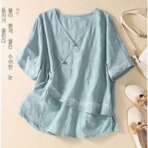 여성블라우스 면 마 자카드 자수 소매 밑단 사선 v 넥 버클 반팔 상의녀 여성 상의 블라우스