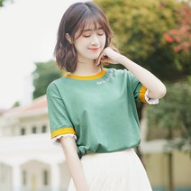 2020 컬러 자수 레이스 반소매 T 셔츠