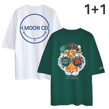 2장세트 1+1 5부 오버핏 반팔티 스마일+로즈타이거 남녀공용 반팔 티셔츠