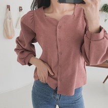 [옷자락] 여자 스판 하트넥 셔링 긴팔 솔리드 스판 블라우스
