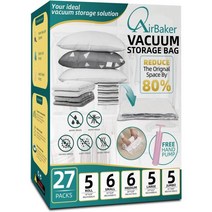 AirBaker 진공 보관 가방 공간 절약 27팩 의류 담요 여행용 이불 매트리스 밀봉 백 펌프 포함, 5XL+6L+6M+5S+5ROLL