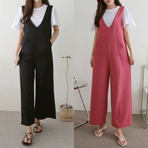 (당일발송/12시이전 주문건) 마이비몰 빅사이즈 브이넥 와이드 점프수트 멜빵바지 + 반팔티 세트