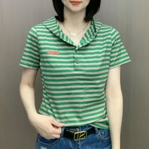여성 30대 40대 후드 면 티셔츠 캐주얼 스트라이프 후드 반팔 티셔츠 면 데일리티 빅사이즈 5XL까지