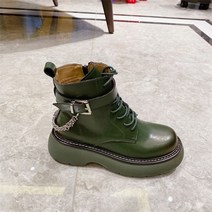 여성 가죽 레이스업 하이힐 마틴 부츠 키높이 워커 마틴 통굽 웨지 구두 패션 신발 벨트 버클