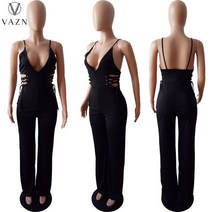 점프수트 점프슈트 jumpsuit VAZN-딥 v넥 블랙 오피스 솔리드 이브닝 파티 크로스 밴드 탑 민소매 젊은 섹