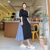 [세인트이브] 2439 퍼프소매 허리끈조절 가능 배색 밑단프릴 롱원피스