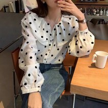 SAHINER 여성 프렌치 블라우스 도트 퍼프 블라우스