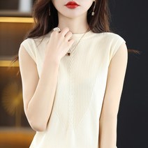 여성 반팔니트 니트티 22 여름 퓨어 코튼 라운드 넥 니트 캐미솔 여성용 숏 솔리드 컬러 풀오버 민소매 보텀 셔츠 리넨 탑