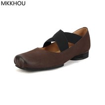 탭댄스화 탭슈즈 탭댄스신발 MKKHOU- 가죽 크로스 스트랩 스퀘어 헤드 돼지 코 신발 편안한 로우 힐 발레 탭 댄스 패션, [01] 3.5, [02] Brown