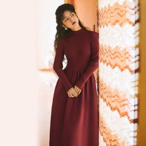 패플럼니트Vangull-터틀넥 여성 스웨터 드레스 가을용 뜨개질 풀오버 a라인 긴 소매 중간 길이 주름