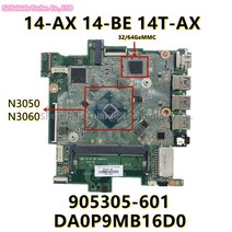 905305-601 937763-601 HP Stream 14-AX 14-BE 14T-AX 노트북 마더 보드 N3060 N3050 32or64GeMMC 및 DA0P9MB16D0 메, 64GeMMC