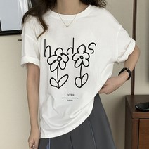 Hooozen 여성 루즈핏 캐주얼 플라워 패턴 반소매 티셔츠